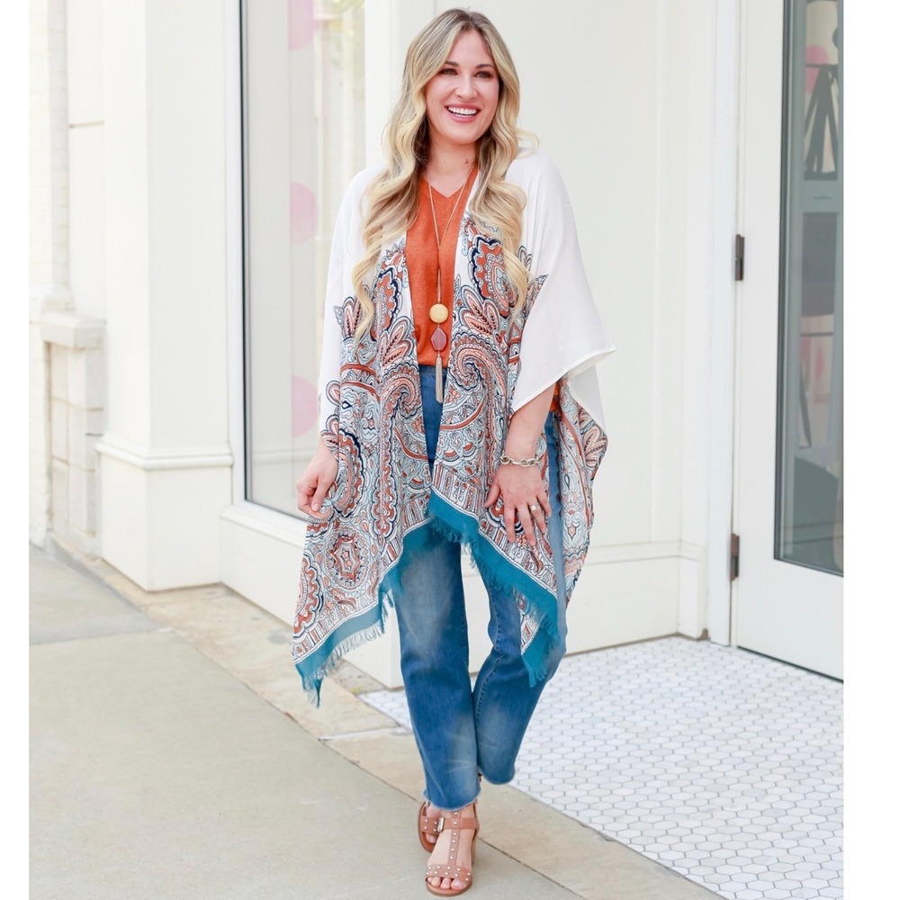 J Jill Neutral Print One‎ Size Modal Rayon Kimono Cardigan Cover Up Fringe Scarf